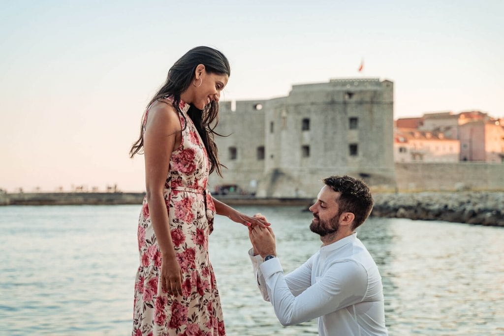 A surprise proposal moment in Dubrovnik, popping the question